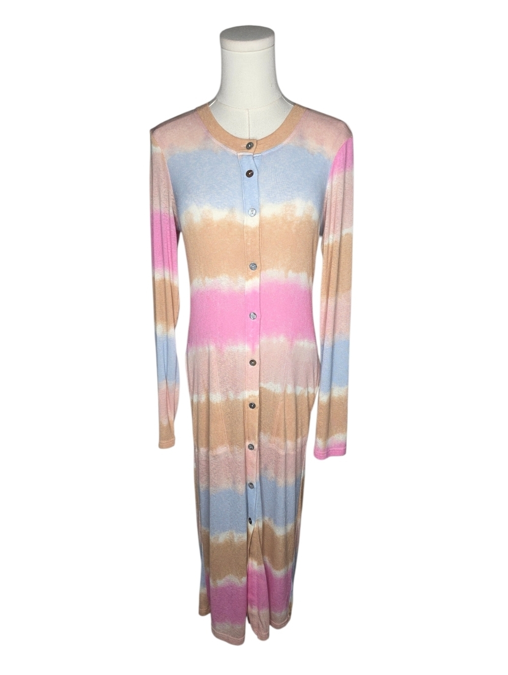 En Creme Tie Dye Button Front Maxi Dress Pastel Long Sleeve Small